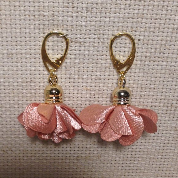 Petal Pink Satin Flower Fluff Earrings - Picture 5 of 6